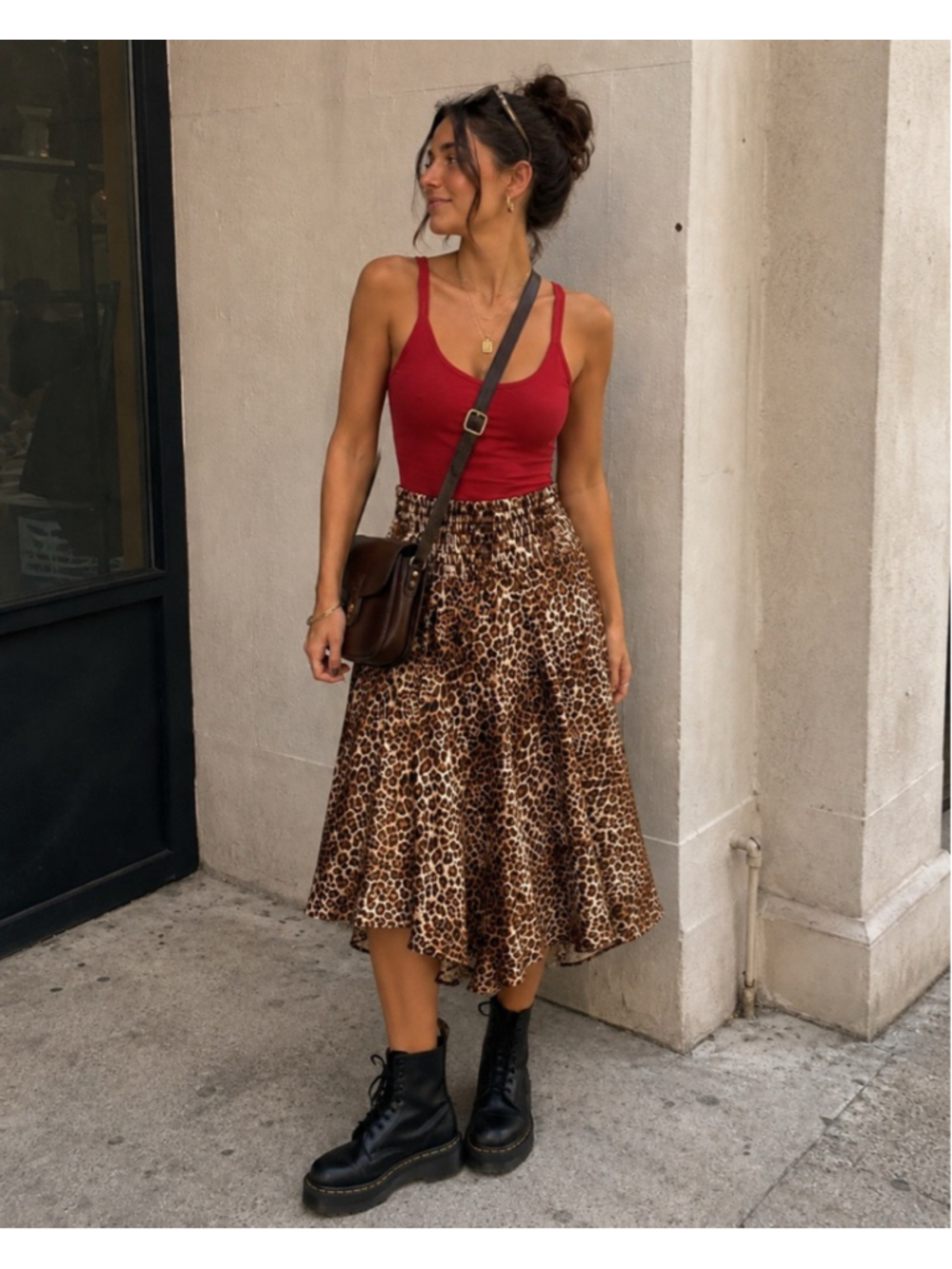Veronica M Leopard Print High Low Midi Skirt Womens XL Smocked Waist Animal Prin